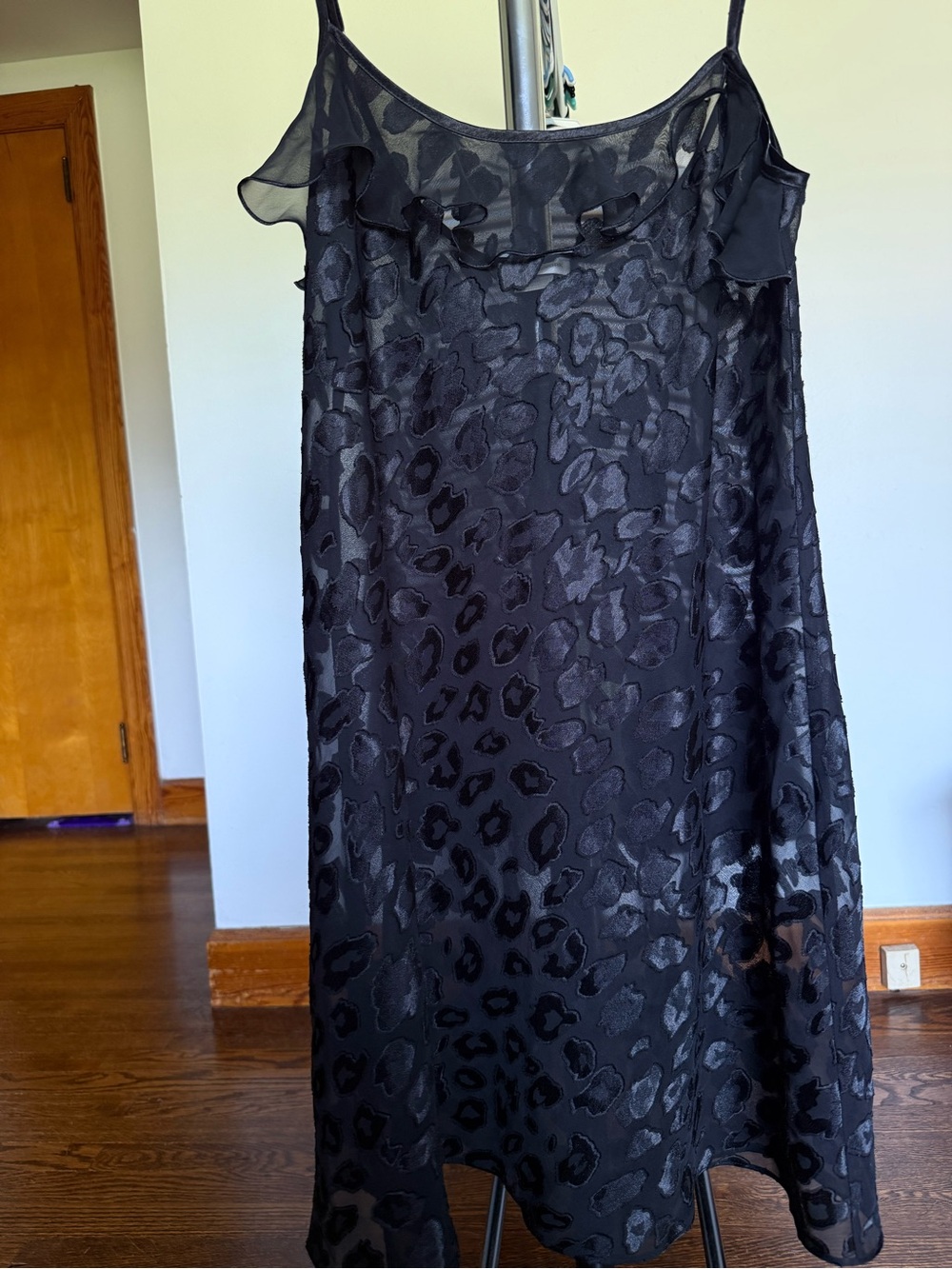 Jones New York Black Leopard Jacquard Slip Dress with Ruffle Neck